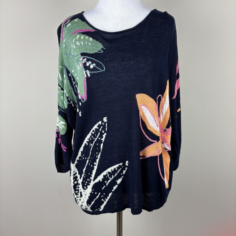 Nic + Zoe Sweater Top Women Large Navy Blue Floral Dolman Linen Blend 3/4 Sleeve